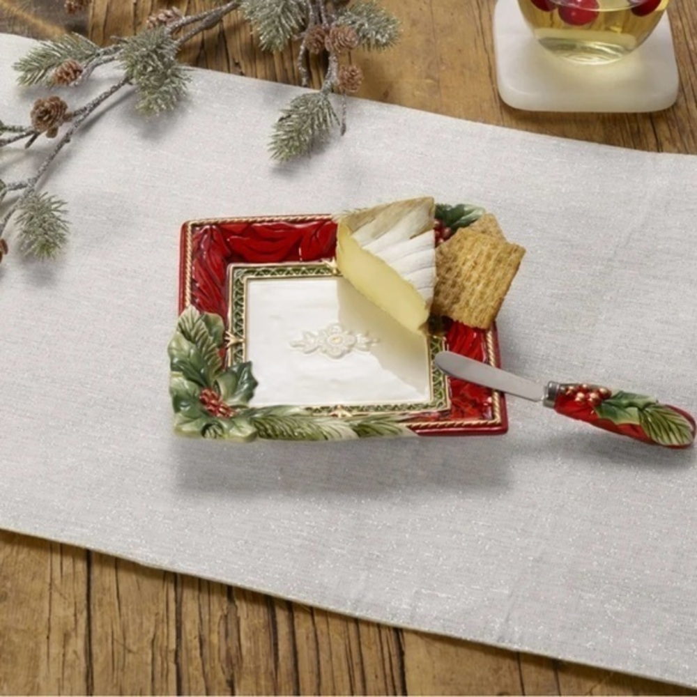 FITZ & FLOYD Holiday Home cheese snack tray with spreader
